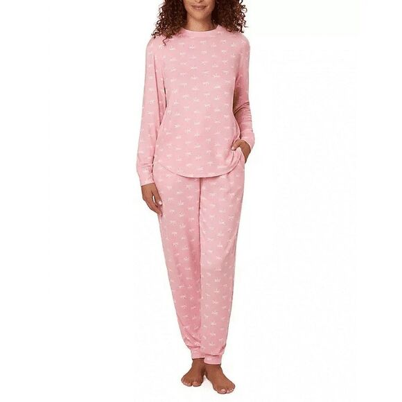LOFT Ladies 2-Piece Pajama Set Crew Neck Jogger Pink W/Dragonflies Size XS - Picture 1 of 7